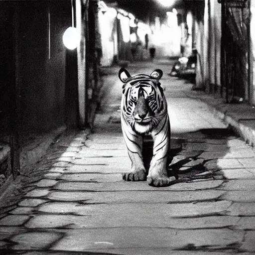 Image similar to retro photograph of a tiger smoking a cigarette in the streets of Dhaka at night, Kodak film photo