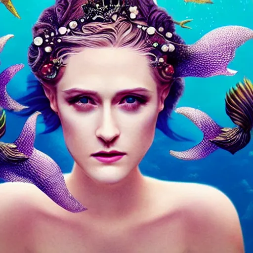 Image similar to evan rachel wood portrait, fantasy, mermaid, hyperrealistic, game character, underwater, highly detailed, sharp focus, cinematic lighting, pearls, glowing hair, shells, gills, crown, water, highlights, starfish, jewelry, realistic, digital art, pastel, magic, fiction, ocean, king, colorful hair, sparkly eyes, fish, heroic, goddess, waves, bubbles, queen