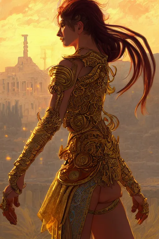 Image similar to portrait knights of zodiac girl, golden and copper shining armor, karate pose, in ruined agora of athens sunrise, ssci - fi and fantasy, intricate and very very beautiful and elegant, highly detailed, digital painting, artstation, concept art, smooth and sharp focus, illustration, art by tian zi and wlop and alphonse mucha and z - - ed