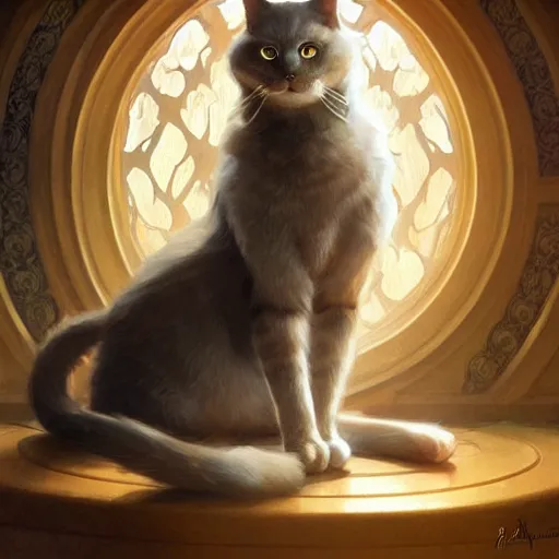 Image similar to cat, fantasy, intricate, elegant, highly detailed, digital painting, artstation, concept art, matte, sharp focus, illustration, art by artgerm and greg rutkowski and alphonse mucha