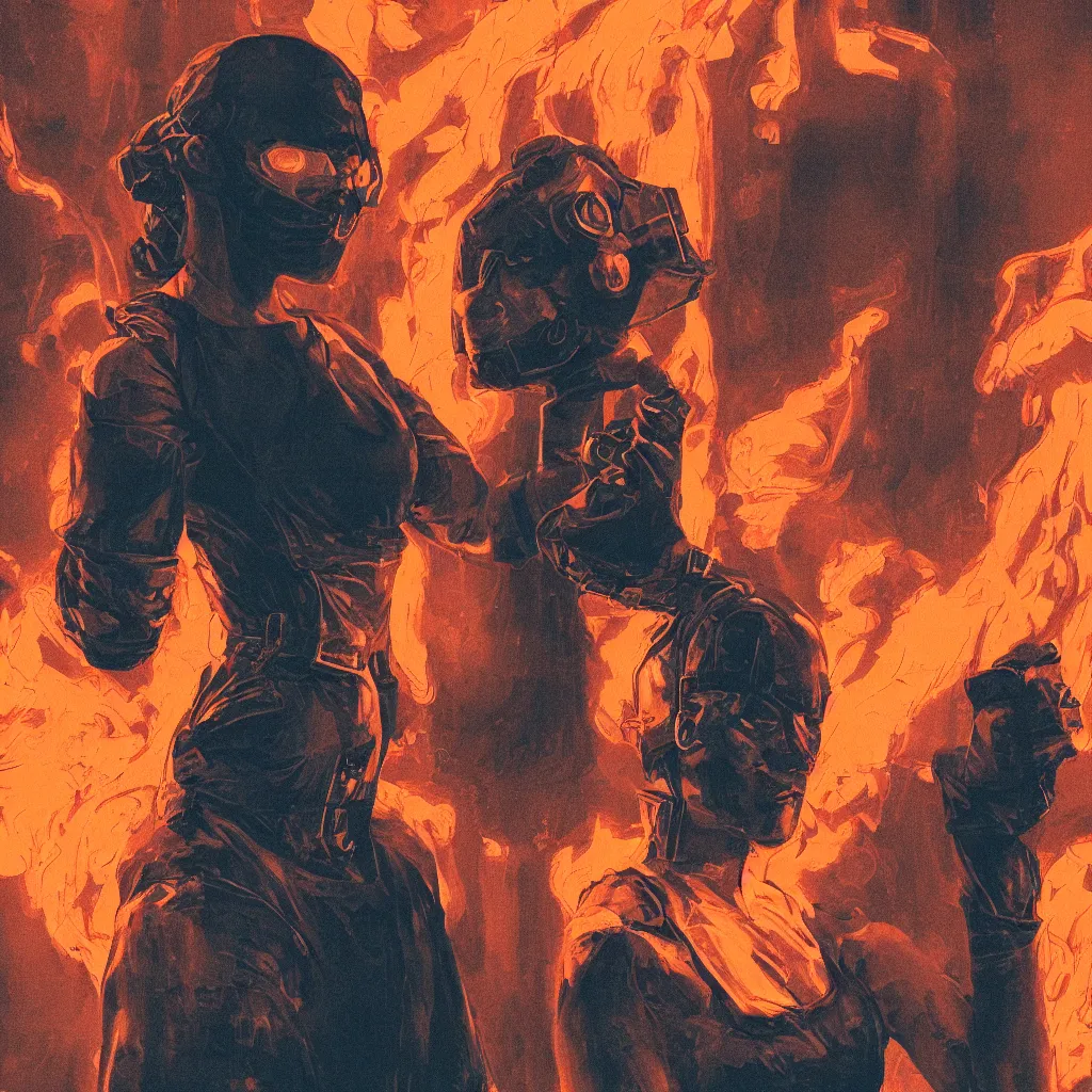 Image similar to portrait of beautiful guard hiding her chest with her arms, dystopian cyberpunk orange smoke detailed