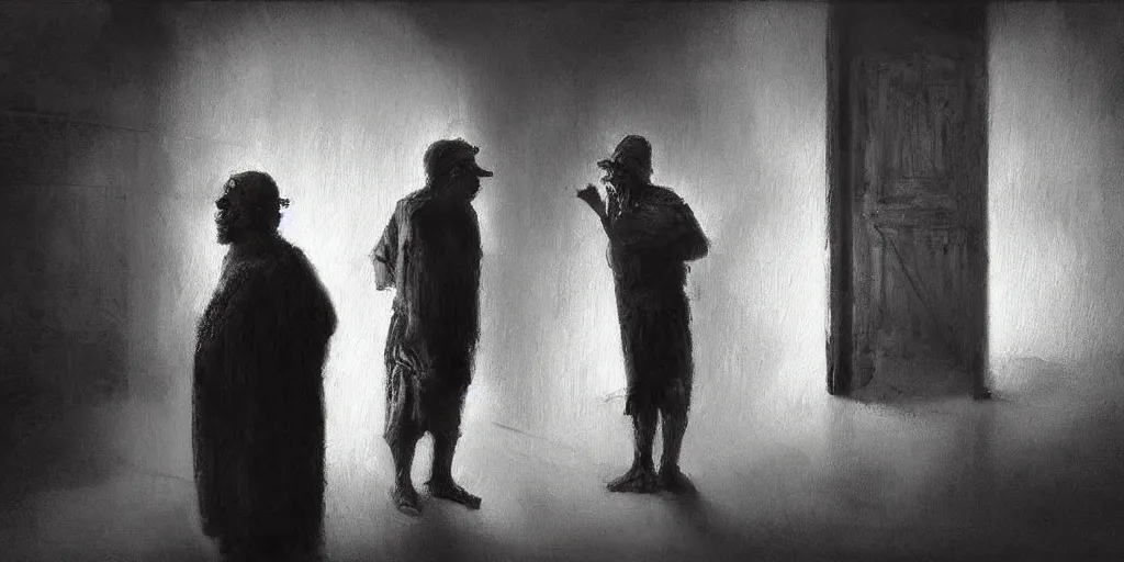 Image similar to a poor man and a death angel talking in front of a door oil painting, dark, cinematic lighting