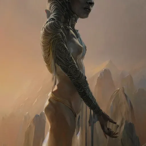 Image similar to a hyperrealistic acrylic on canvas painting of an alien priestess by Greg Rutkowski and WLOP. Epic fantasy art. Trending on ArtStation.