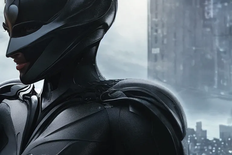 Image similar to VFX movie closeup of a gorgeous futuristic woman in black spandex armor in future city, hero pose, beautiful skin, natural city night lighting by Emmanuel Lubezki