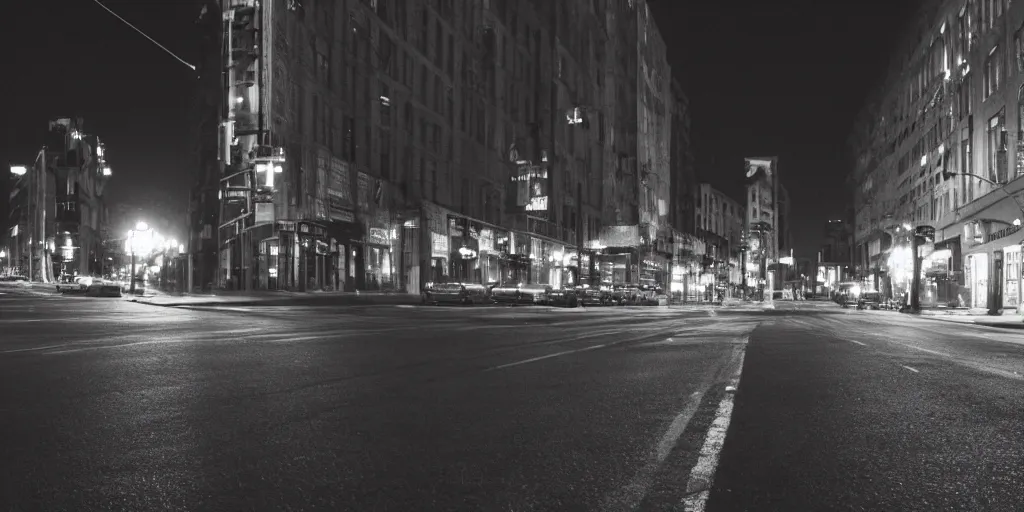 Image similar to low angle camera shot of a street by night, moody cinematography of roger deakins, shot on film, grain, hyper realistic ,