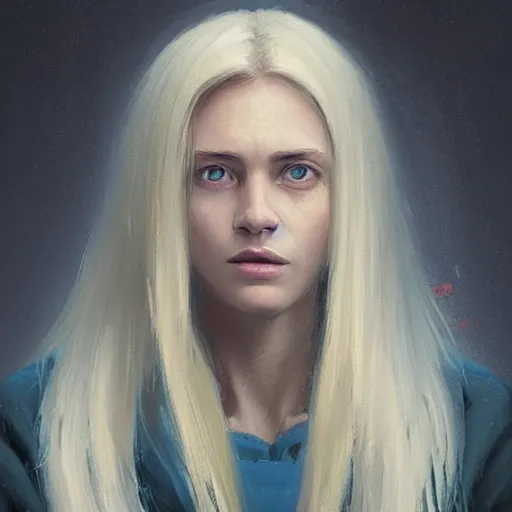 Image similar to Portrait of a woman by Greg Rutkowski, she is about 30 years old, pretty, blond hair with two strans around her face, slavic features, melancholic gaze, pretty aquiline nose, she is wearing a blue utilitarian jumpsuit, highly detailed portrait, digital painting, artstation, concept art, smooth, sharp foccus ilustration, Artstation HQ.