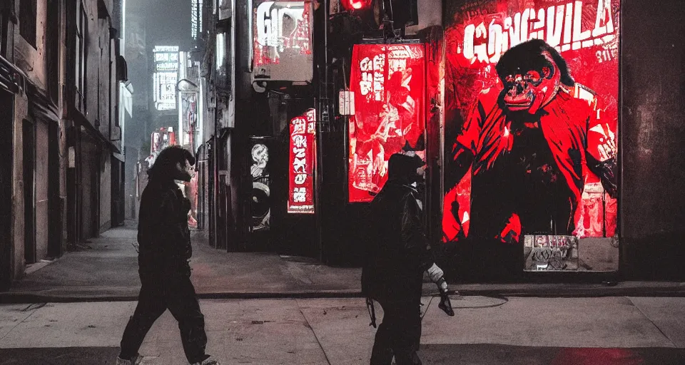 Prompt: gorilla wearing a red akira jacket, walking down a blade runner street, looking suspicious, by ash thorp