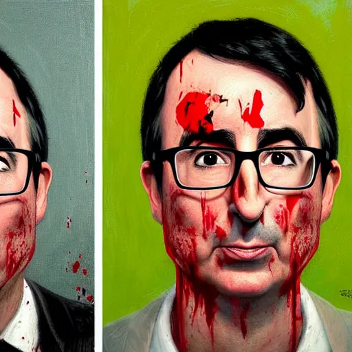 Prompt: Facial portrait. John Oliver, looking at the camera, disgusted, he is covered in blood. fear inspiring mood, intimidating. extremely detailed painting on canvas. by Greg Rutkowski and by Henry Justice Ford and by Steve Henderson. Shown in a newspaper.