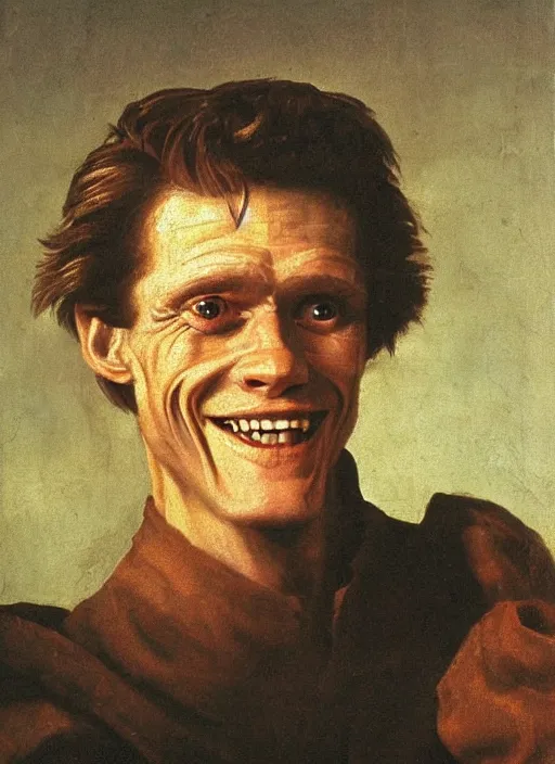 Image similar to portrait painting of young willem dafoe with stubble smiling warmly, renaissance oil painting, studious chiaroscuro