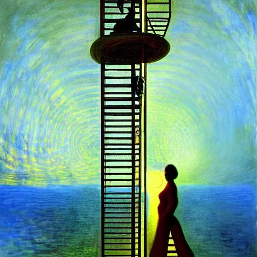 Image similar to A climber that codes A.I. - award-winning digital artwork by Dali and Monet. Stunning lighting