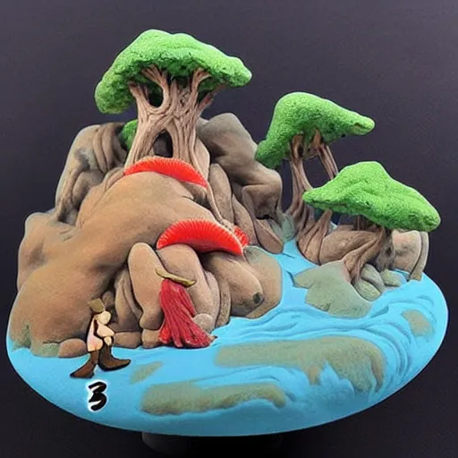 Image similar to claymation, 3 d clay sculpture, made of clay, ukiyo - e landscape sculpture, colorful, detailed, inspired by ando hiroshige