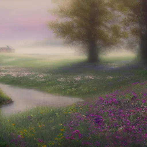 Image similar to a matte painting of a prairie, cottage close up, river, foggy, patchy flowers, oil painting, pale colors, high detail, 8 k, wide angle, trending on artstation,