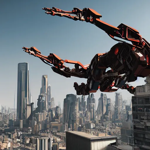 Image similar to photorealistic, long shot, robot mecha pterodactyl flying over a city, cyberpunk, daylight