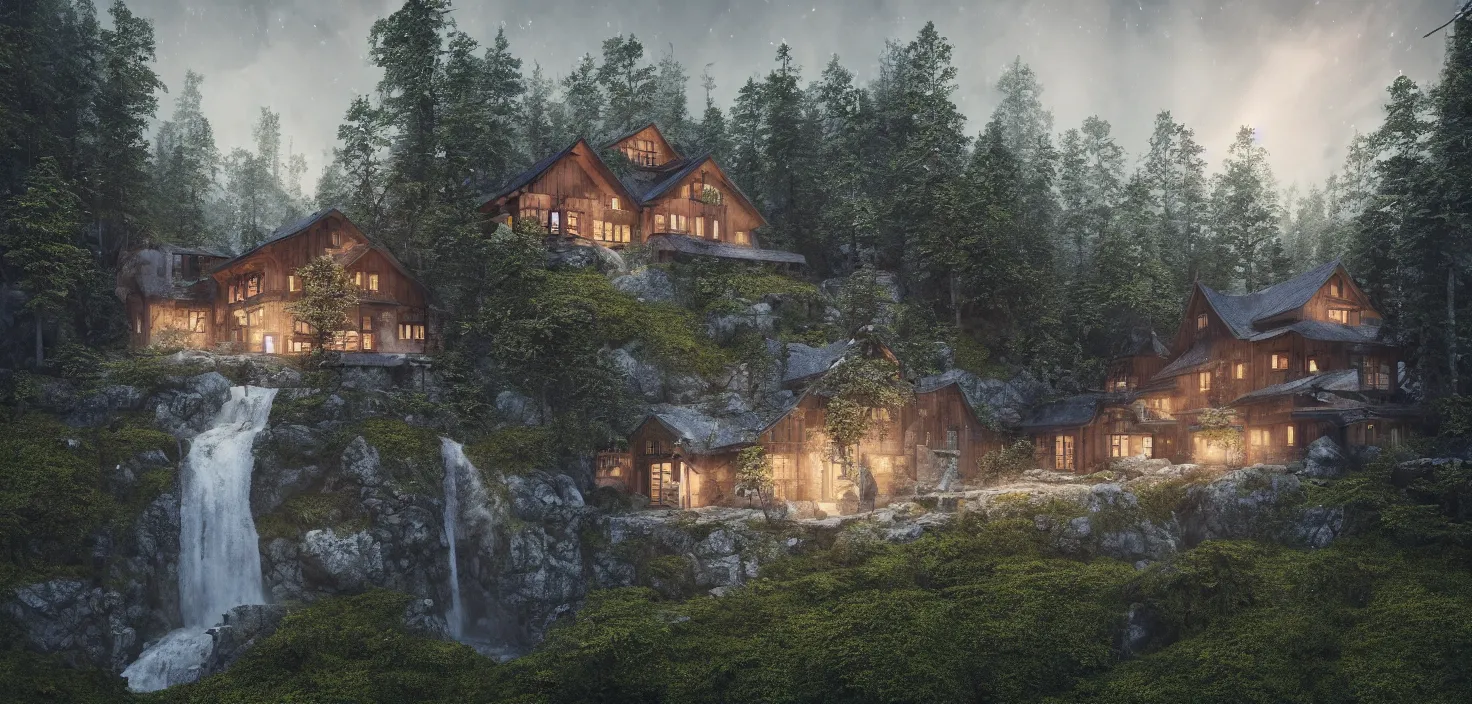 Image similar to beautiful large scandinavian house in the forest on a hill, a large waterfall flows down from the mountain in the background, octane render, fabulous, hyper detailed, random cinematic view, no noise, global illumination, warm lighting, volumetric, godrays, vivid, by jordan grimmer