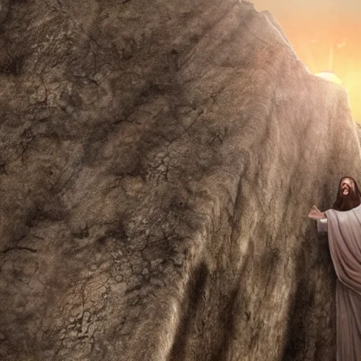 Image similar to Jesus Christ rising out from a tomb in a cliff side, cinematic perspective, movie shot, 8k, full hd