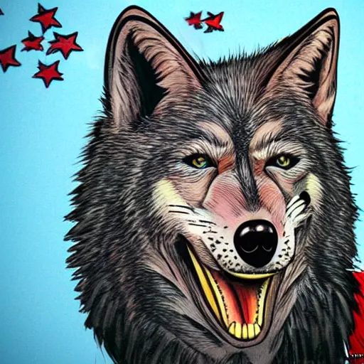 Image similar to portrait of retarded wolf, funny, squint eyes, rabies, propaganda style, vivid colors, poster style, he he