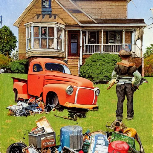 Image similar to A Norman Rockwell painting of a front front yard covered in thrash that has half of an old broken down truck in it, detailed, masterpiece