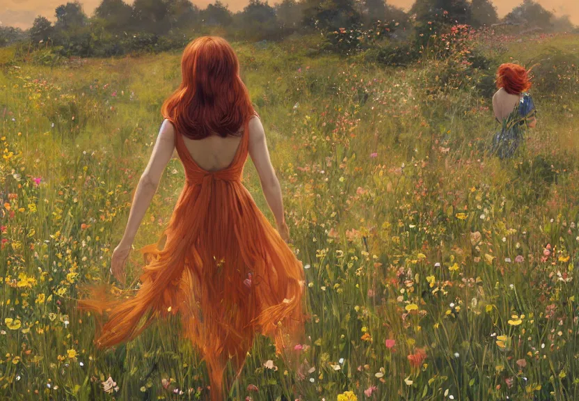 Image similar to a woman seen from behind from a distance with copper hair and a flowing yellow sundress dancing in a field of wildflowers, with cute - fine - face, pretty face, realistic shaded perfect face, fine details by realistic shaded lighting poster by ilya kuvshinov katsuhiro otomo, magali villeneuve, artgerm, jeremy lipkin and michael garmash and rob rey