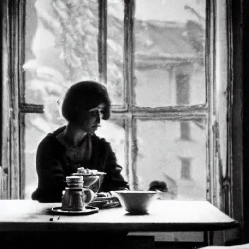 Image similar to 4 k remaster extremely detailed cinematic movie still from soviet movie a soviet woman sitting at a table next to the window with food, dark warm light, a character portrait by margarita terekhova, movie stalker solaris film still by andrei tarkovsky, 8 k, close - up bokeh, gelios lens, color, noir