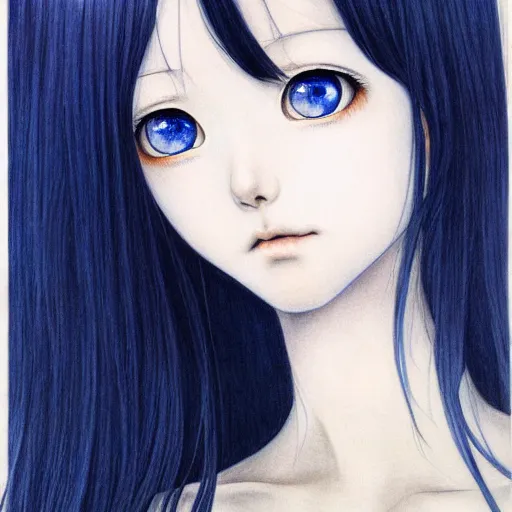 Image similar to a portrait of a character, black hair, blue eyes, by Miho Hirano