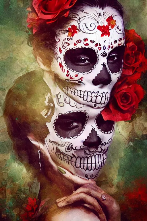 Image similar to illustration of a sugar skull day of the dead girl, art by craig mullins