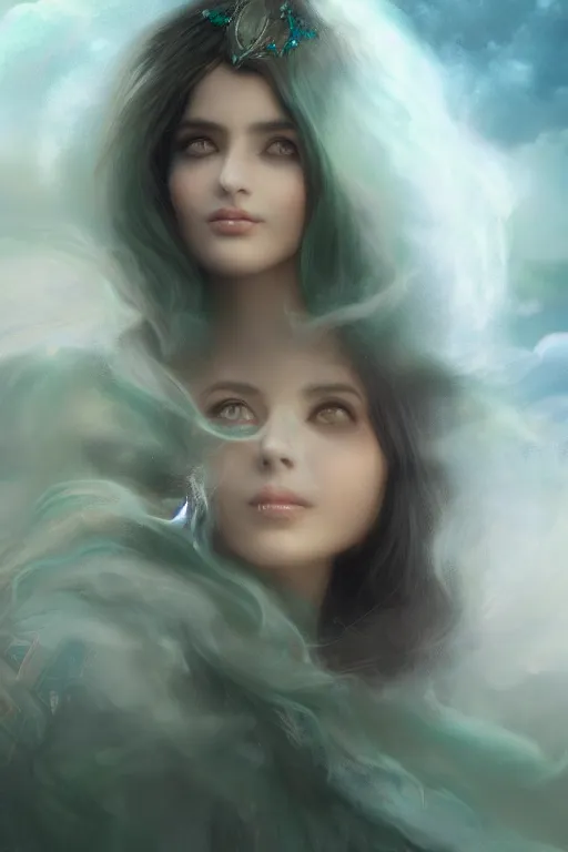 Image similar to realistic portrait of dreamy beautiful persian goddess princess in the clouds, volumetric fog, green eyes, long black hair flying around, smiling, face, highly detailed, artstation, concept art, sharp focus, hyper realistic, octane render, unreal engine, 8 k