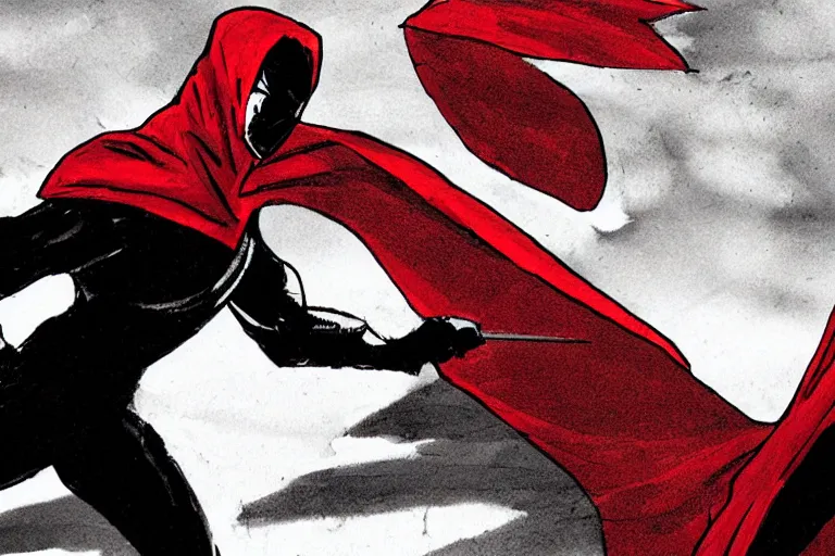 Image similar to a twin blade muscular swordsman, red and black cape and hoodie, scary, intimidating, worn out clothes, torn clothes, as a panel of a Marvel comic