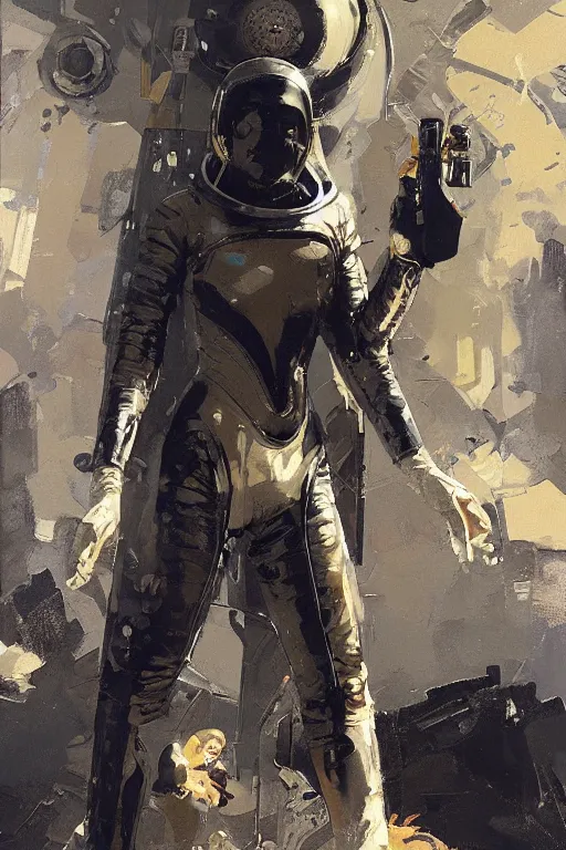 Image similar to pulp scifi fantasy illustration full body portrait of elegant woman wearing latex spacesuit, by norman rockwell, jack kirby, bergey, craig mullins, ruan jia, jeremy mann, tom lovell