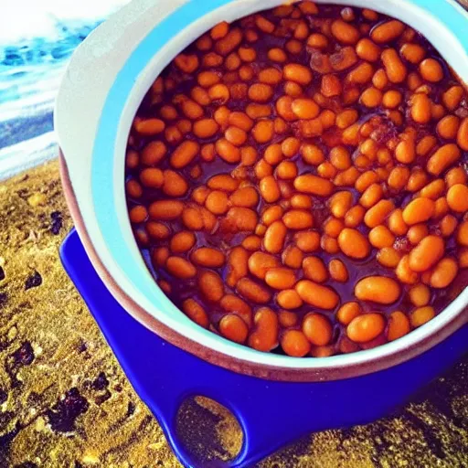 Prompt: “ a bowl of baked beans sitting on a beach, award winning photo ”