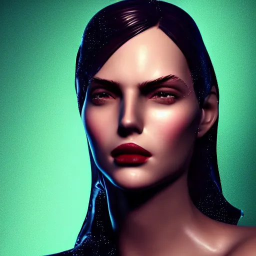 Image similar to stylish woman cartoon portrait made out of rain, pinstripe suit, cyberpunk background, rendered in octane, unreal engine, highly detailed, trending on artstation, realistic, neon, beautiful