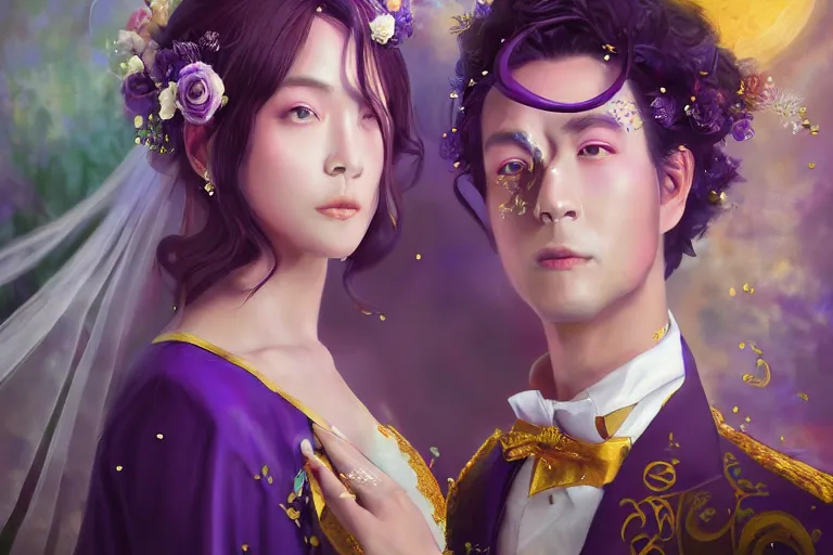 Image similar to a cinematic portrait of wedding photograph jpeg close up moment of a divine a japan sun god and moon goddess lovers magician at a wedding banquet. portraiture. digital painting. artstation. concept art. fantasy wedding photo. digital painting, 8 k realistic, hyper detailed, violet evergarden art masterpiece by art by krenz cushart