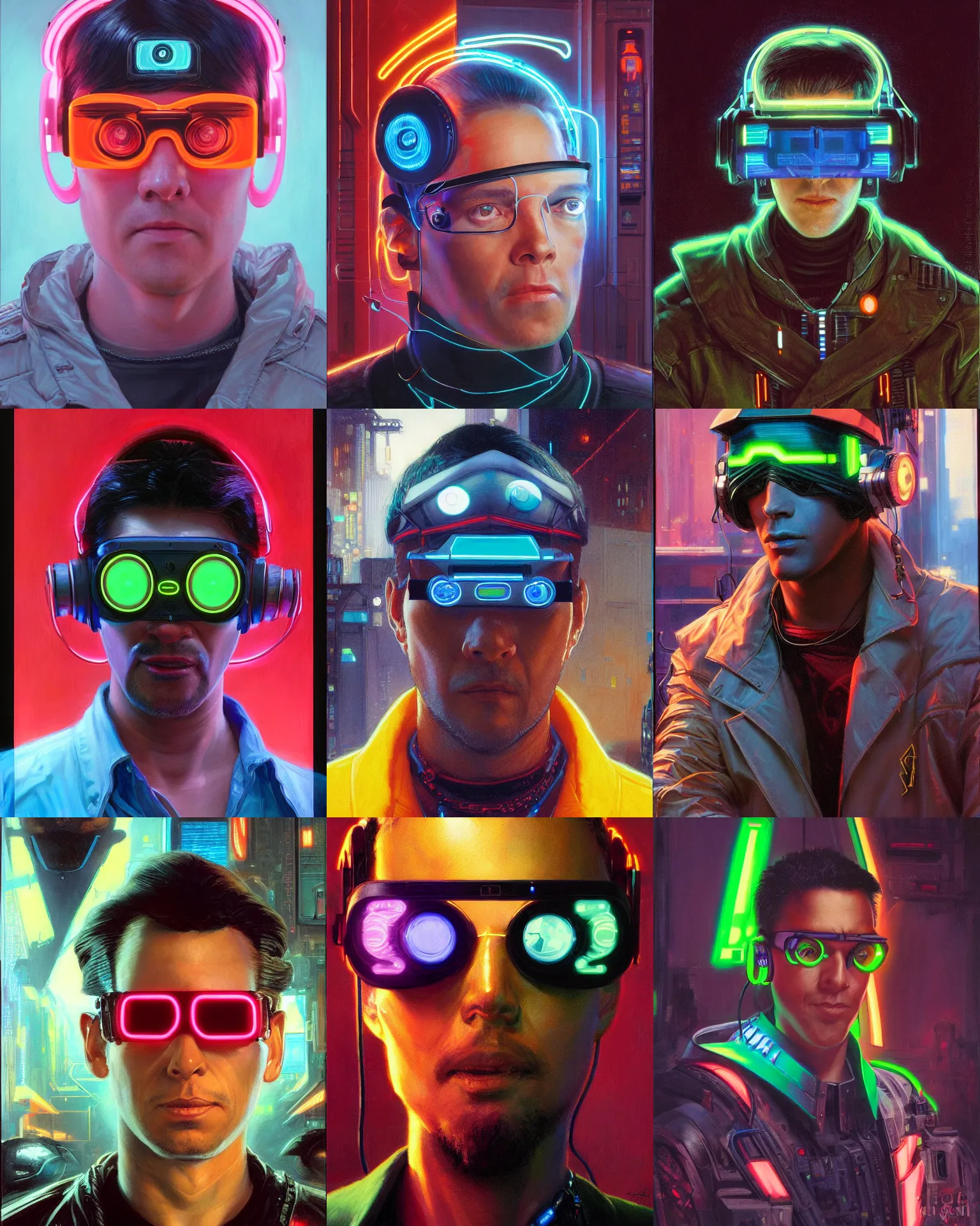 Prompt: neon cyberpunk programmer with geordi eye visor and headset headshot portrait painting by donato giancola, kilian eng, john berkley, hayao miyazaki, j. c. leyendecker, mead schaeffer fashion photography