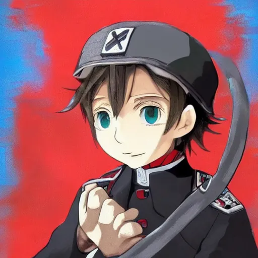 Image similar to beautiful little boy in nazi uniform posing while hold an whip. red, green, blue and gray pallet color. made in abyss art style, inspired by kris from deltarrune, cute detailed artwork, anatomically correct, soft details, ilya kuvshinov, reflection, perfect composition, profile picture, illumination, digital art, detailed anime soft face