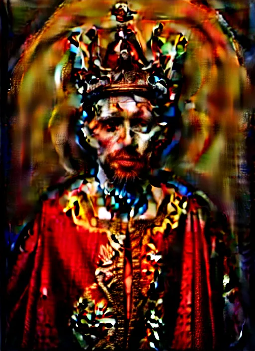 Image similar to 'Portrait of Crowned King Arthur' by Lee Jeffries royally decorated, whirling plasma, atmospheric motes, red and gold Sumptuous garb, gilt silk fabric, radiant colors, fantasy, perfect lighting, studio lit, micro details,