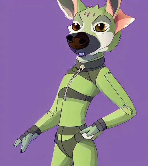 Image similar to digital detailed full body of anthromorphic female hyena, in style of zootopia, zootopia, zootopia, fursona, furry, furaffinity, 4 k, deviantart, wearing astronaut outfit, in style of zootopia, floating in space, space background, in deep space, dark background, hyena fursona, cyberpunk, female, stylized face,