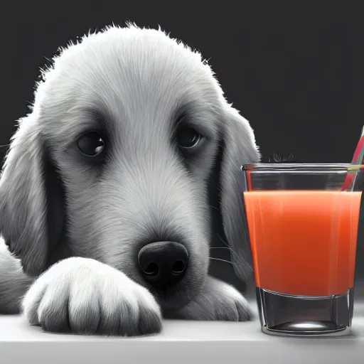 Prompt: cute puppy drinking juice, masterpiece, 8k, fantasy, cinematic lighting, highly detailed, digital painting, artstation, smooth, sharp focus, illustration, by Pixar