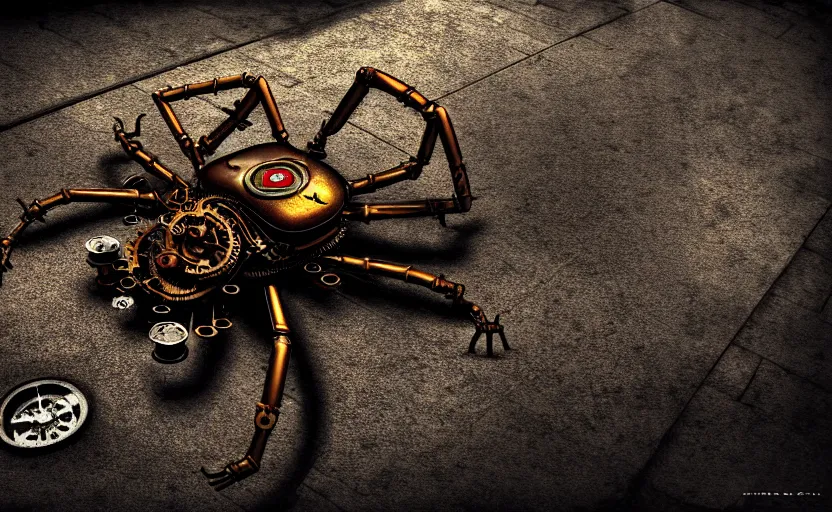 Prompt: mechanical steampunk spider in a large dimly lit wet sewer, ultra detailed digital art, fine drawing, grunge, hyper real, 4 k, moody lighting, warm colors, shaded