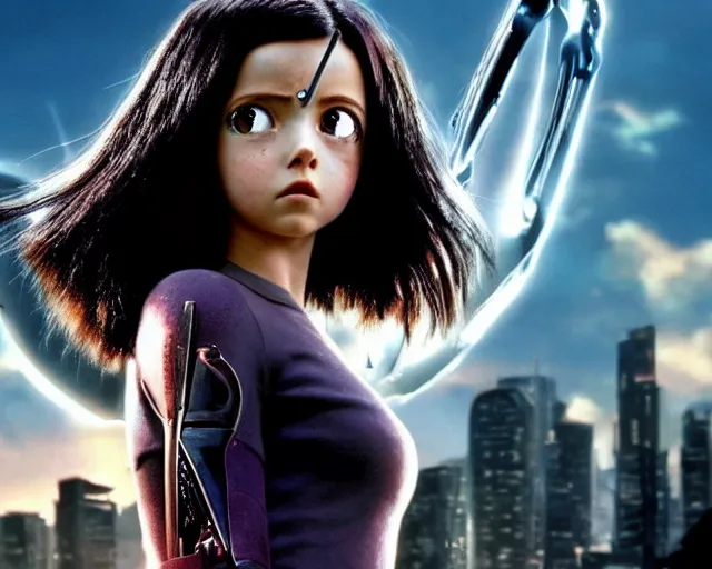 Image similar to a beautiful film still from battle angel alita played by actress millie bobby brown, futuristic, cinematic lighting, photorealistic, lifelike, highly detailed, photorealistic, high resolution