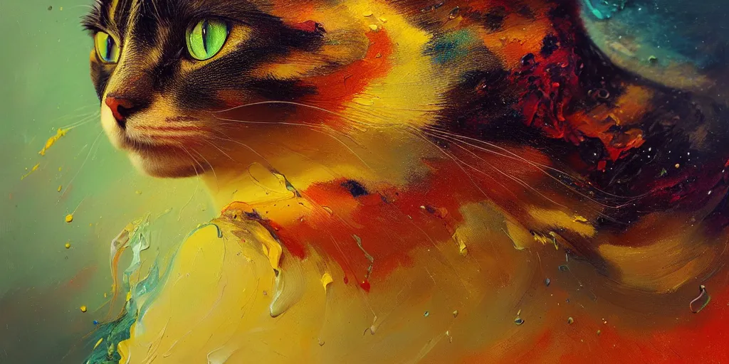 Image similar to wide shot portrait of beautiful cat by irakli nadar with intricate detailed color smashing fluid oil paint and acrylic, heterochromia, melting wax, mycelia, abstract impressionism, ruan jia, fantasy, hyper detailed, concept art, by gustav klimt,