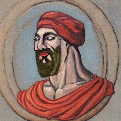 Prompt: portrait of ancient silly greek man with sharp nose. fine detail. artistic painting by lurid