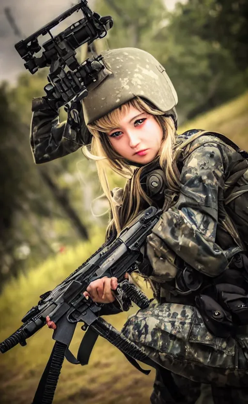 Image similar to infantry girl under heavy fire, highly detailed, explosions in background, high resolution, cosplay photo, stunning, girls frontline style, bokeh soft, shot on 7 0 mm, zenithal lightning, trending on instagram, by award winning photographer, real human faces, symmetrical facial features, modern warfare, shot with a professional camera, low saturation