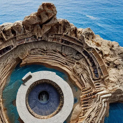 Image similar to a gigantic paleolothic torus made of stone with highly detailed carvings of intricate shamanic robotic electronics and circuitry, in a mediterranean lanscape, inside a valley overlooking the sea, in the style of michal karcz, mediterranean island scenery, mediterranean vista