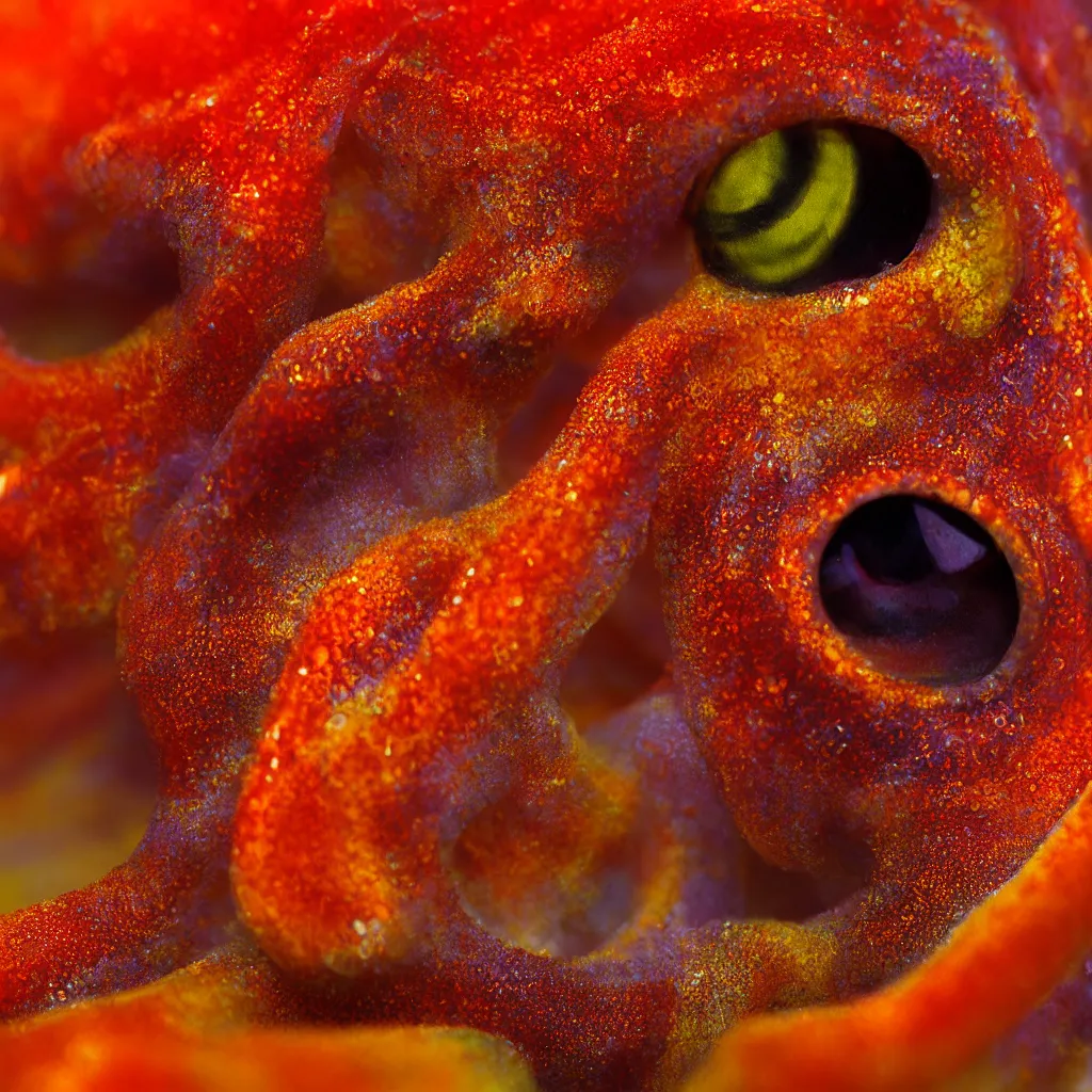 Image similar to fiery whimsical emotional eyes cephalopod, in a photorealistic macro photograph with shallow dof