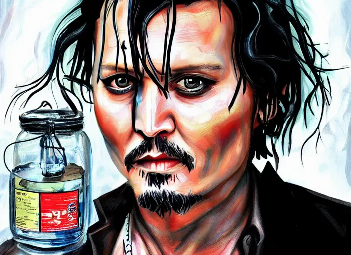 Prompt: an epic comic book style painting of johnny depp with a giant jar of white powder, white powder on his nose and face, trending on artstation, dynamic lighting