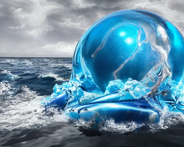 Image similar to a giant abstract sculpture of the birth of the universe on the ocean water, in the style of jeff koons, award winning, cinematic, hyper - realistic, very detailed, realistic water splashes, ray tracing, 8 k resolution, long - shot, sharp focus, low angle, 8 5 mm photograph, wide lens