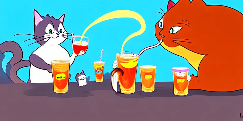 Image similar to chubby cartoon concept art, cat drinking soda, from lorax movie, spiral clouds, sam and max
