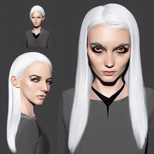 Prompt: Young woman, white hair, black eyes, pointy ears, pale skin, trending on artstation