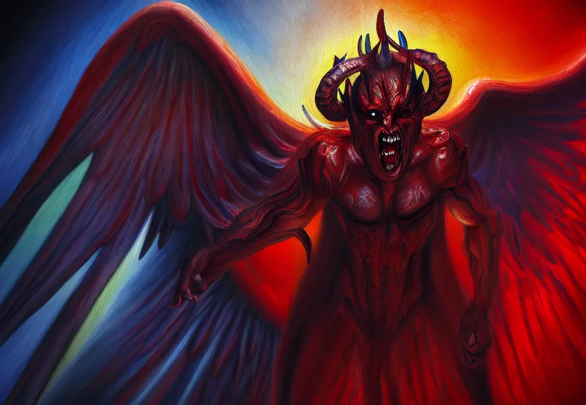 Prompt: demon afraid of an angel painting, good vs evil, highly detailed, digital painting, smooth, beautiful angle, weak demon, sharp focus, illstration, ultra realistic, dmon vs angle, heaven vs hell, 8 k, screaming demon, confident angle