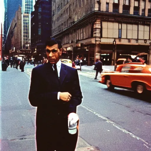 Image similar to portrait of a man in a suit in the streets of new york, 1 9 6 0 s, colour film street photography, photo taken with ektachrome, featured on flickr, photographed on damaged film