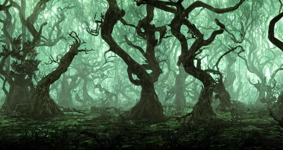 Image similar to A dense and dark enchanted forest with a swamp, from Guild Wars